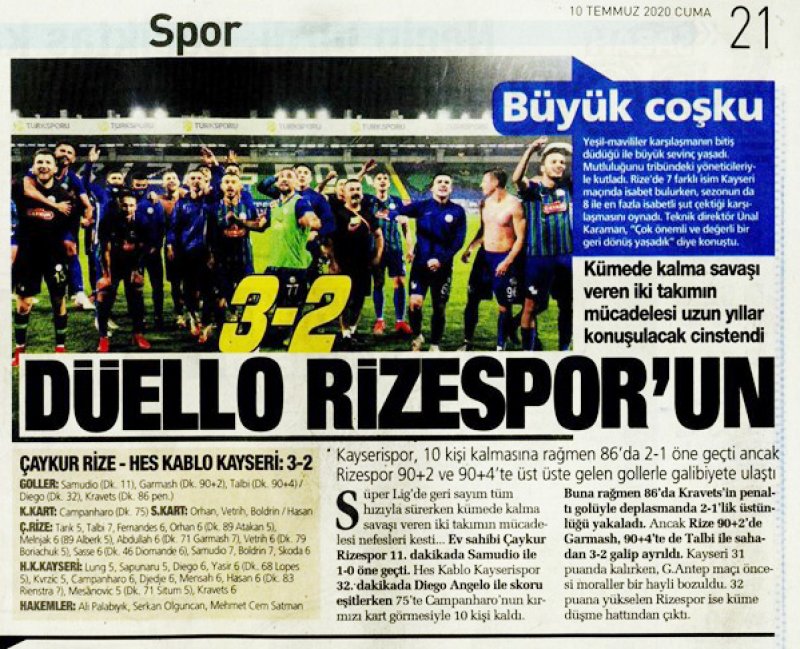 'Küme kalma' adına önemli bir 3 puanı hanesine yazdıran Çaykur Rizespor'un zaferi, ulusal basında da yankı buldu.