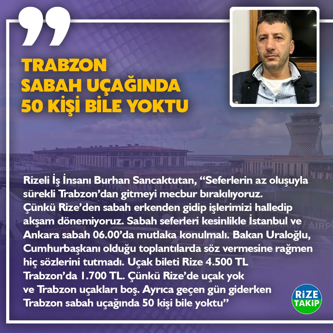 TRABZON SABAH UÇAĞINDA 50 KİŞİ BİLE YOKTU
Rizeli İş İnsanı Burhan Sancaktutan, “Seferlerin az oluşuyla sürekli Trabzon’dan gitmeyi mecbur bırakılıyoruz. Çünkü Rize’den sabah erkenden gidip işlerimizi halledip akşam dönemiyoruz. Sabah seferleri kesinlikle İstanbul ve Ankara sabah 06.00’da mutlaka konulmalı. Bakan Uraloğlu, Cumhurbaşkanı olduğu toplantılarda söz vermesine rağmen hiç sözlerini tutmadı. Uçak bileti Rize 4.500 TL Trabzon’da 1.700 TL. Çünkü Rize’de uçak yok ve Trabzon uçakları boş. Ayrıca geçen gün giderken Trabzon sabah uçağında 50 kişi bile yoktu”