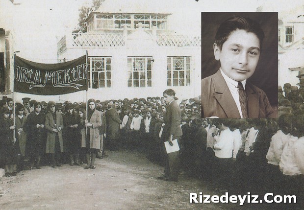 Rize Ortaokulu öğrencisi Süleyman Kazmaz İktisat Bayramı'nda Halk Fırkası önünde nutkunu okurken. 12 Aralık 1931 (Süleyman Kazmaz Arşivi).