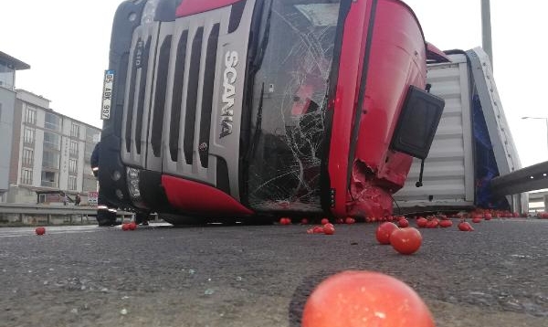 Ordu'da TIR devrildi, sebze- meyveler yola saçıldı