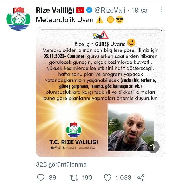 Rize Valiliği'nden esprili 'güneş' uyarısı