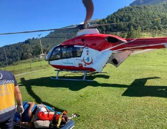 Trabzon'da ambulans helikopter ağaçtan düşen yaralıyı yayladan aldı