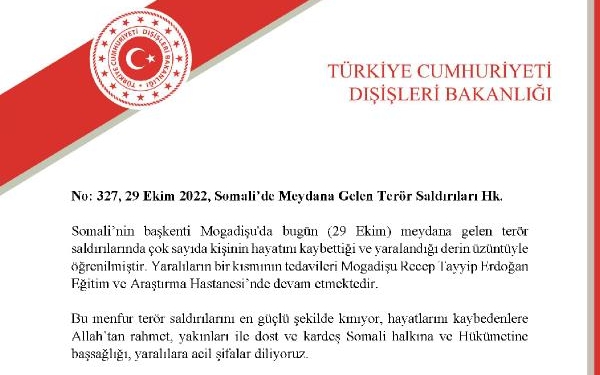 Dışişleri'nden Somali'deki terör saldırısında ölenler için taziye mesajı