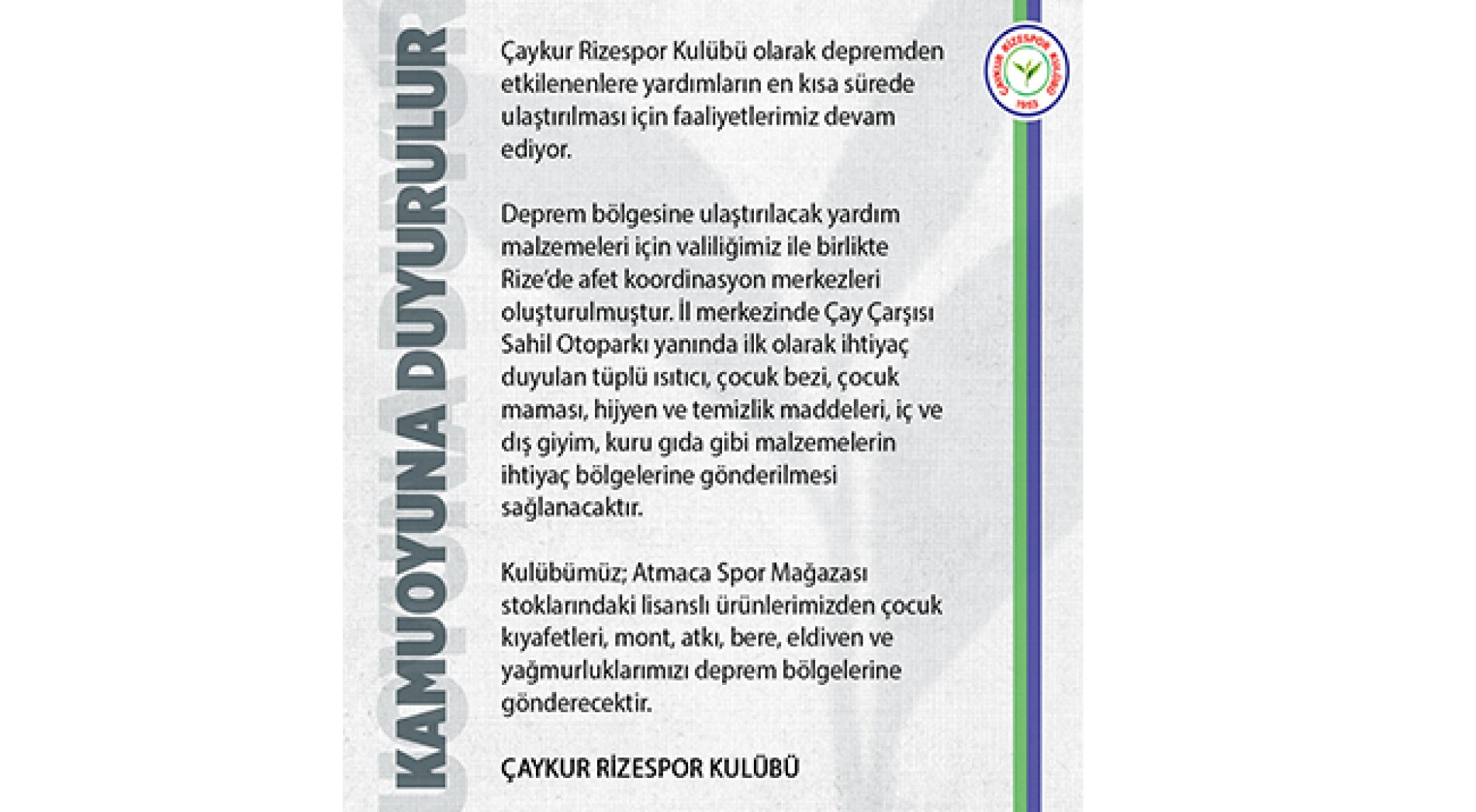 Çaykur Rizespor, lisanslı çocuk ve kışlık ürünlerini deprem bölgesine gönderecek