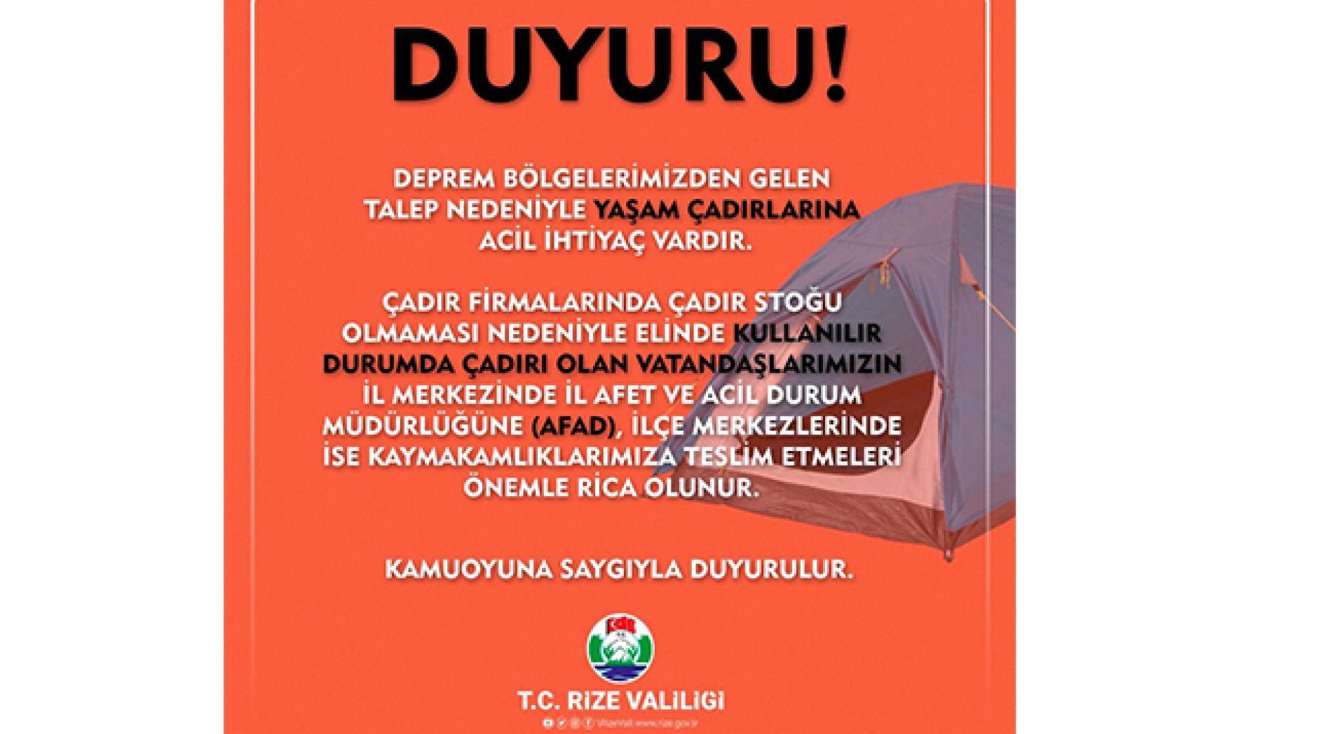 Rize Valiliği'nden Çadır Seferberliği