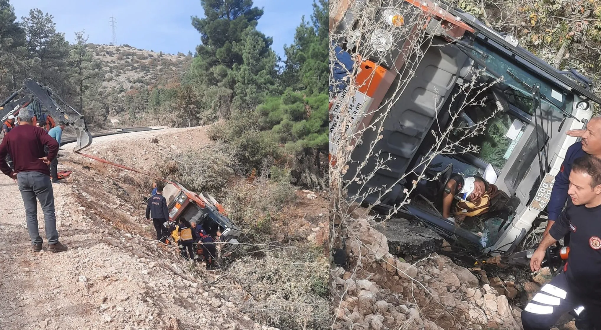 Amasya'da devrilen iş makinesinin operatörü yaralandı