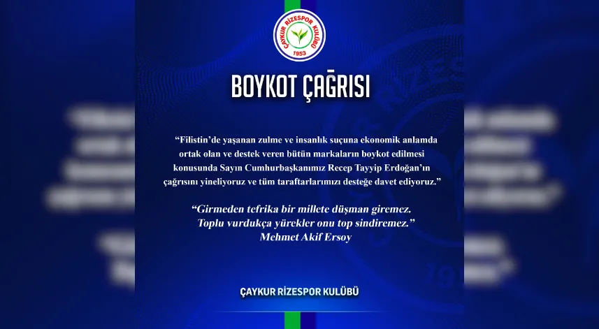 Çaykur Rizespor'dan taraftarlarına İsrail'i destekleyen firmaları boykot çağrısı