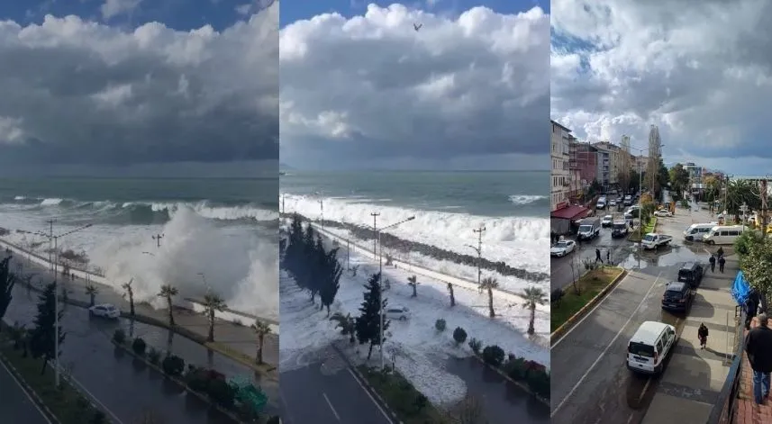 Giresun’un Tirebolu ilçesinde fırtına sonrası deniz taştı, ilçe merkezini su bastı