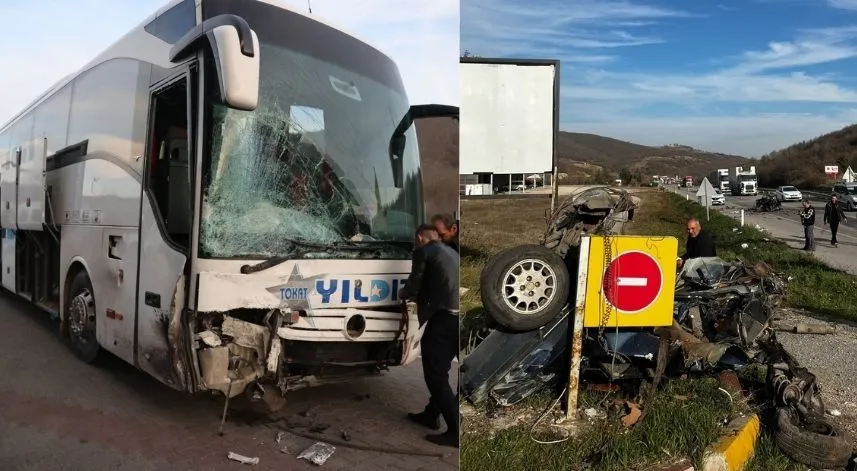 Yolcu otobüsüyle otomobilin çarpışması sonucu 2 kişi öldü, 3 kişi yaralandı