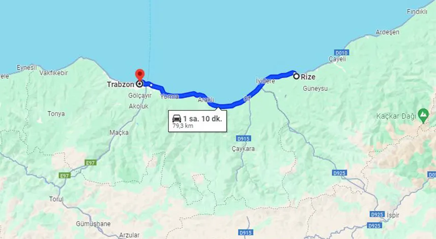 Rize-Trabzon arası mesafe ne kadar?