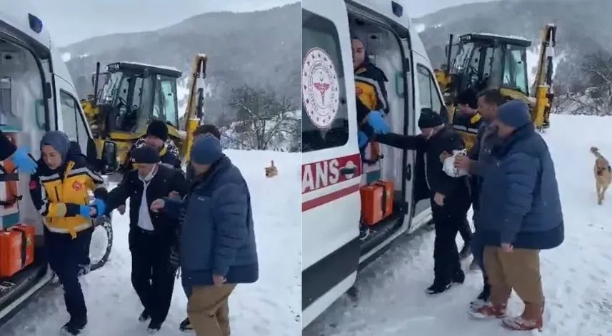 Evinin yolu kapalı olan hasta, iş makinesi ile ambulansa getirildi