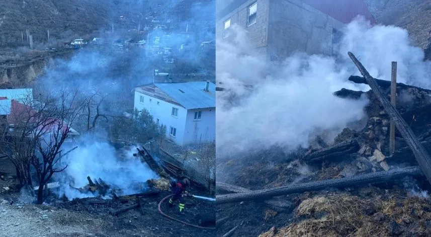 Artvin'de ahır ve samanlık yandı