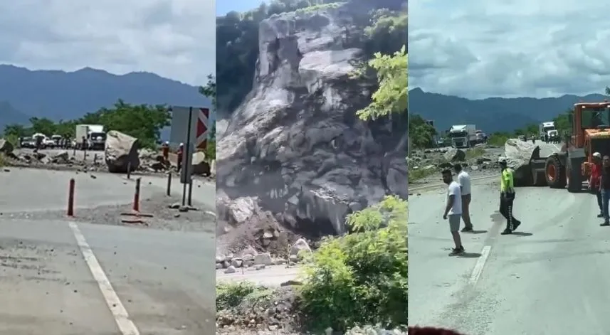 Hopa’da yamaçtan kopan kayalar seyir halindeki araca isabet etti