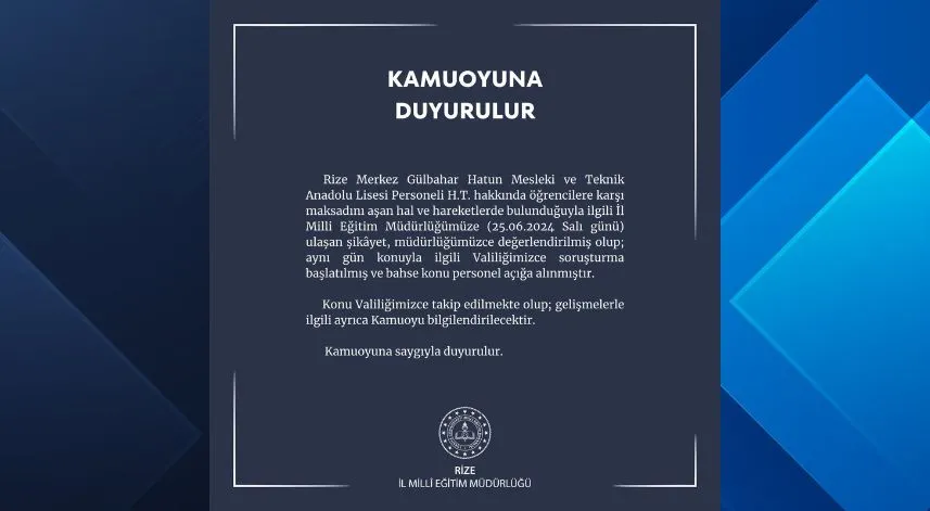 Rize'de bir okul personeli hakkındaki soruşturma kapsamında açığa alındı