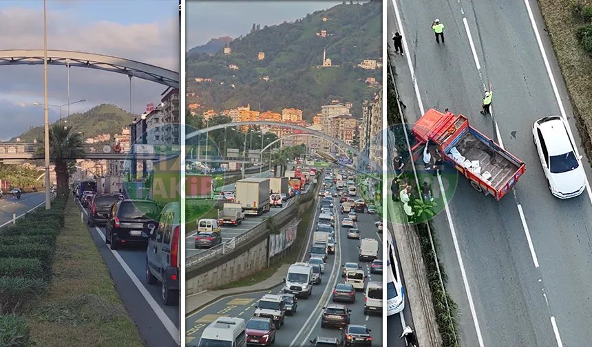 Rize'de bariyerlere çarpan kamyonet, yolda yan döndü