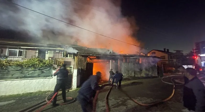 Çıkan yangında 2 katlı ev, samanlık, ahır, odunluk zarar gördü