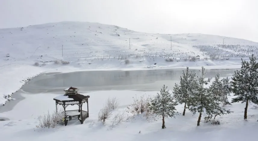 Tokat'ta Üçoluk Göleti'nin yüzeyi buz buttu