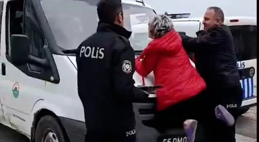 Sahipsiz hayvanları toplayan zabıta görevlilerinin aracına çıkan kadını polis ikna etti