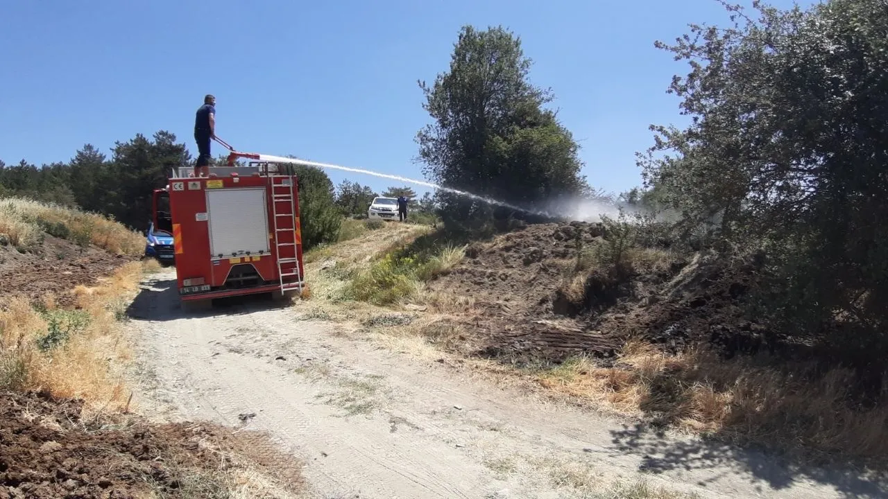 Kuru otlar alev aldı, köylüler toprakla söndürdü