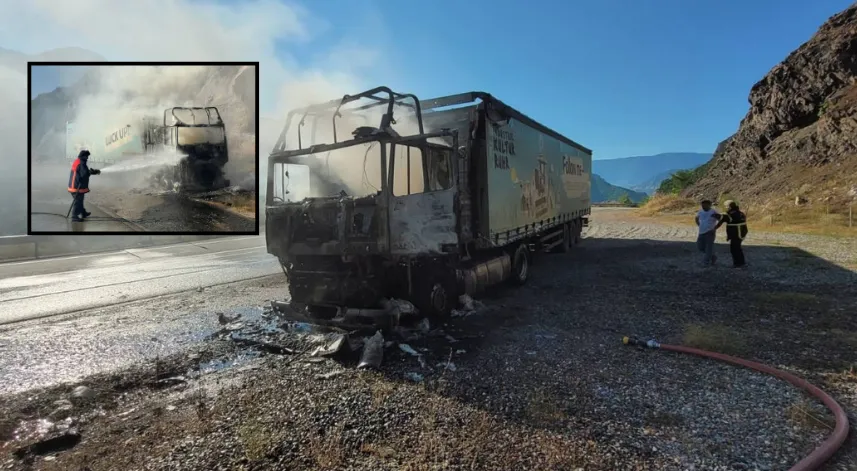 Artvin'de seyir halindeki tır yandı