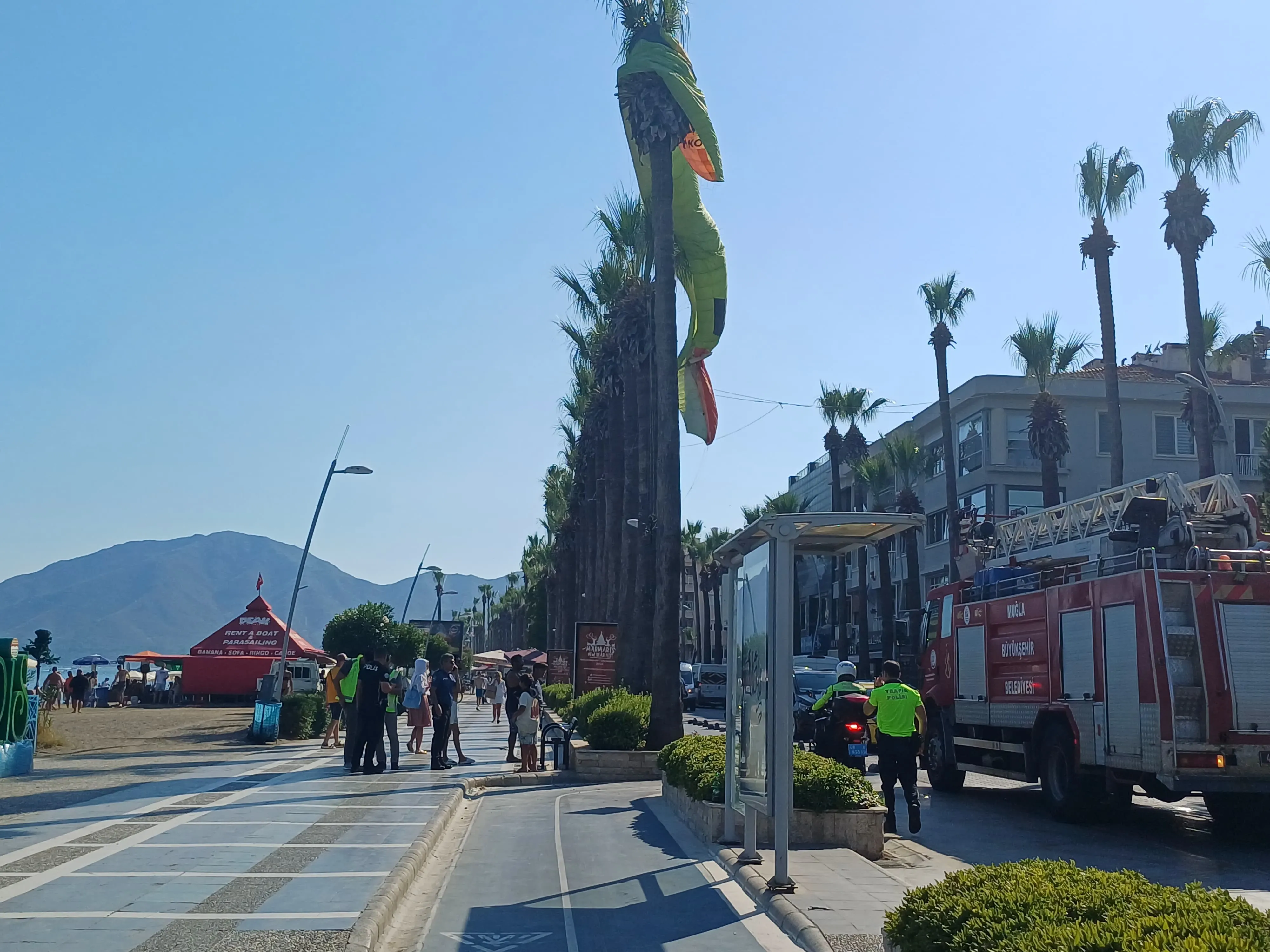 Deniz paraşütü palmiyeye takıldı