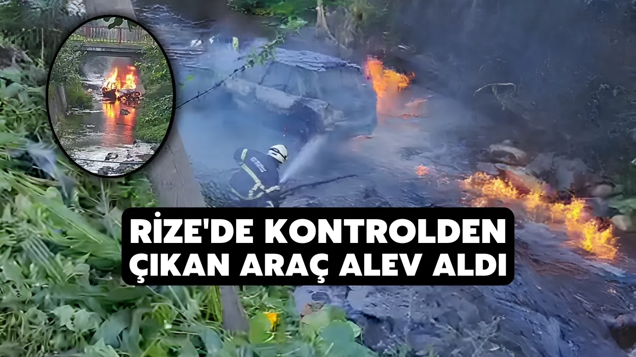 Rize'de Kontrolden Çıkan Araç Alev Aldı