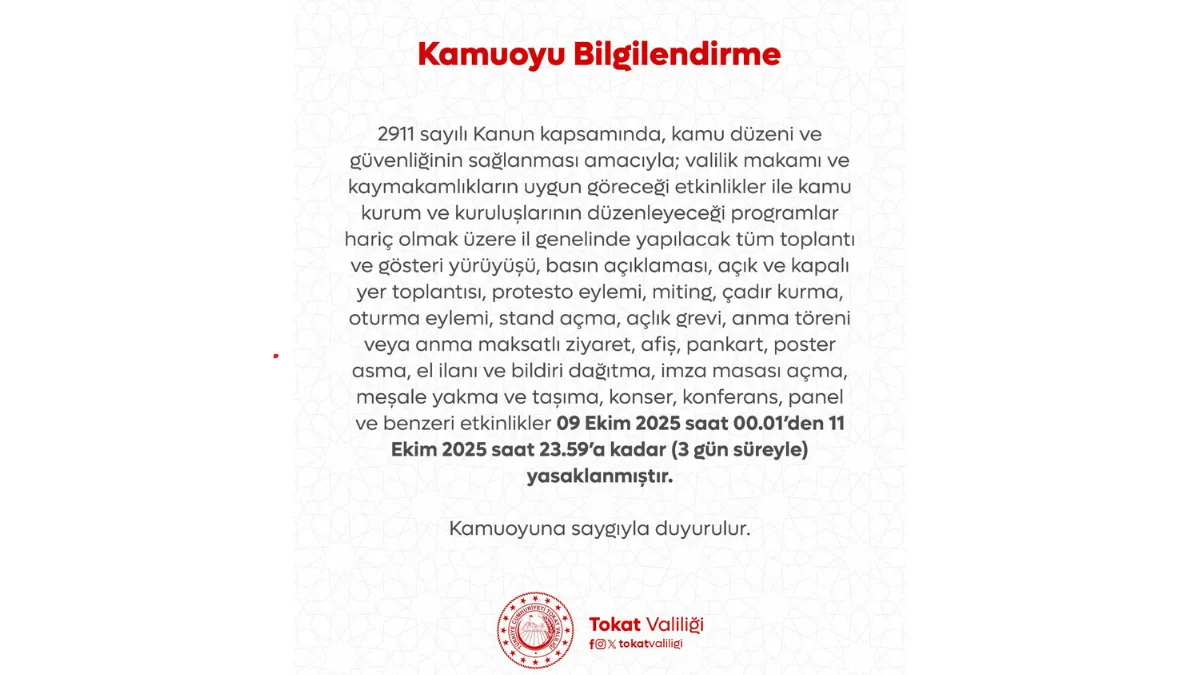 Tokat’ta 3 günlük gösteri ve eylem yasağı kararı