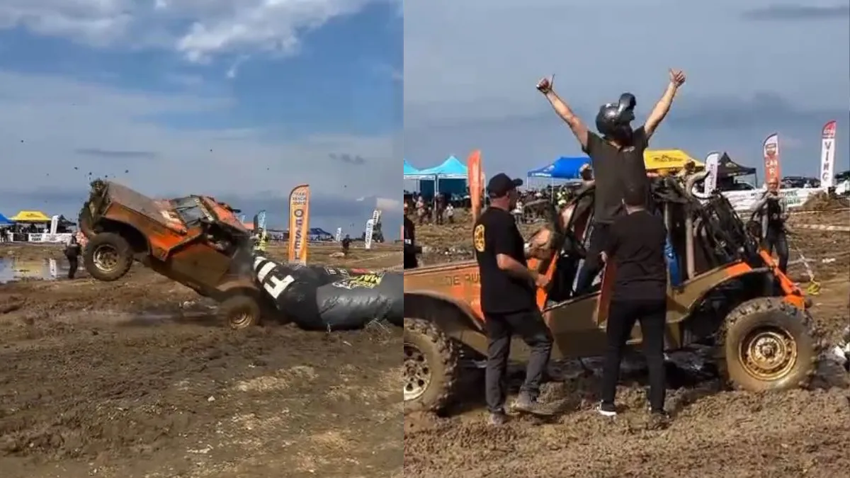 Off-road aracının takla atıp bitiş balonunu devirdiği anlar kamerada