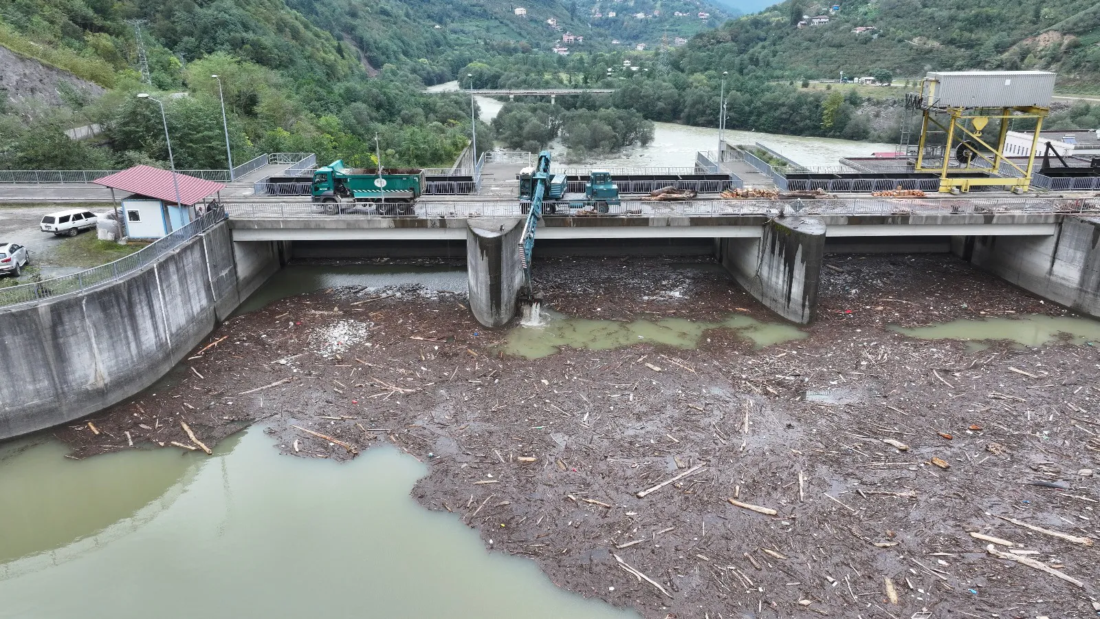 Baraj gölünde sel sularının sürüklediği odunlar temizleniyor
