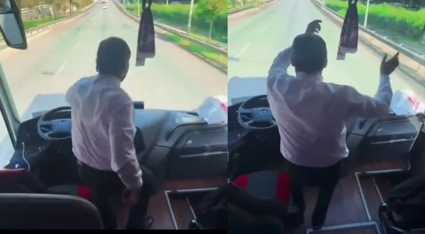 Taraftarları deplasmana götüren şoför araç seyir halindeyken ayağa kalkıp oynadı