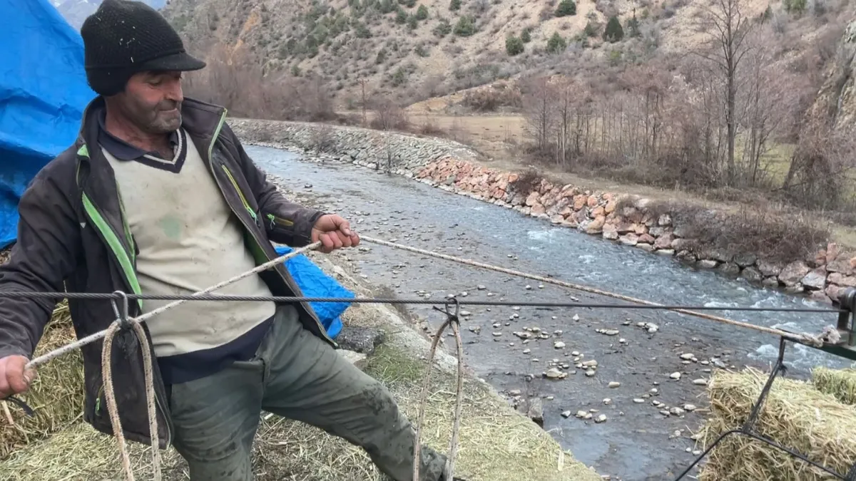 Hayvanları için ilkel teleferik sistemi kurdu