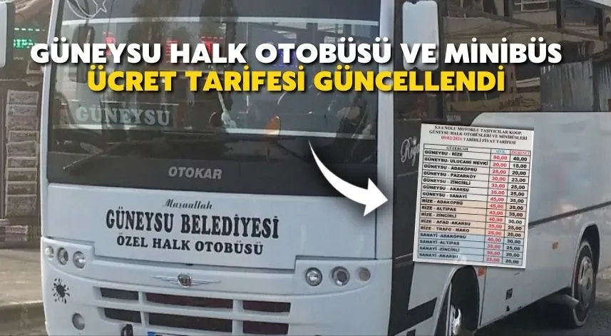 Güneysu Halk Otobüsü ve Minibüs Ücret Tarifesi Güncellendi