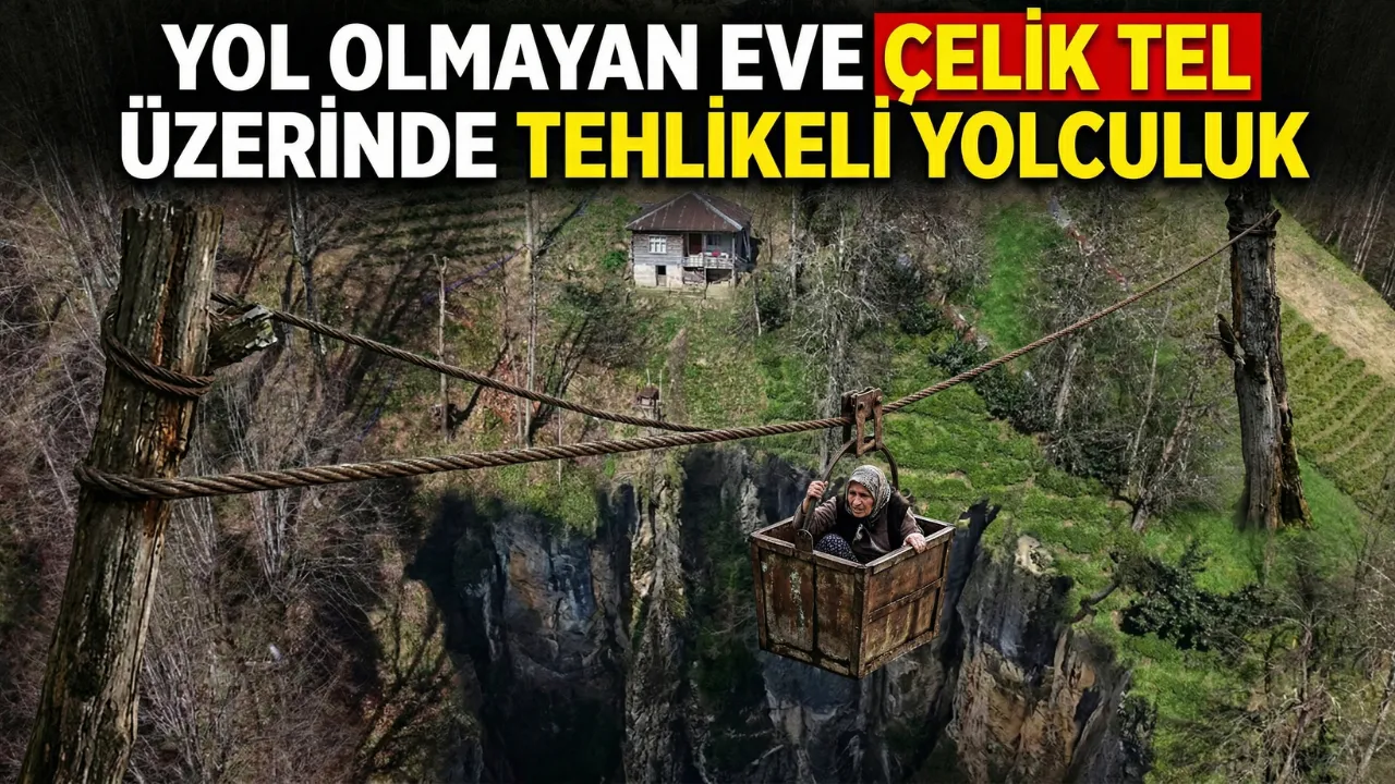 Rize'de Yol Olmayan Eve Çelik Tel Üzerinde Tehlikeli Yolculuk