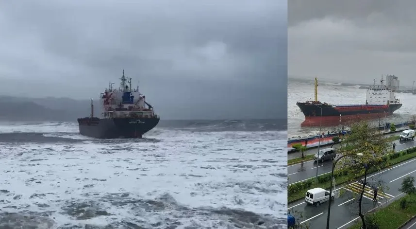 Hopa’da fırtına nedeniyle karaya oturan kuru yük gemisinde 12 personel bulunuyor