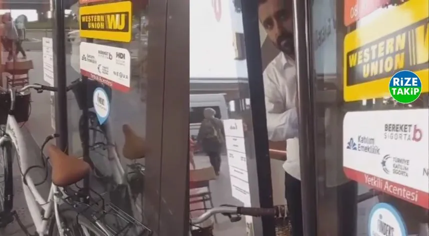Rize'de kapısına bisiklet kilitlenen bankanın personeli içeride mahsur kaldı