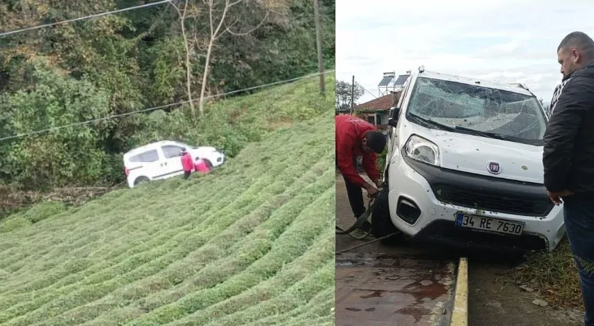 Rize'de araç çay bahçesine yuvarlandı